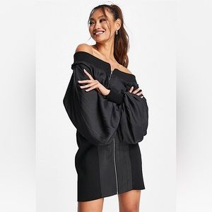 ASOS DESIGN off shoulder utility dress with ribbed panels in washed black